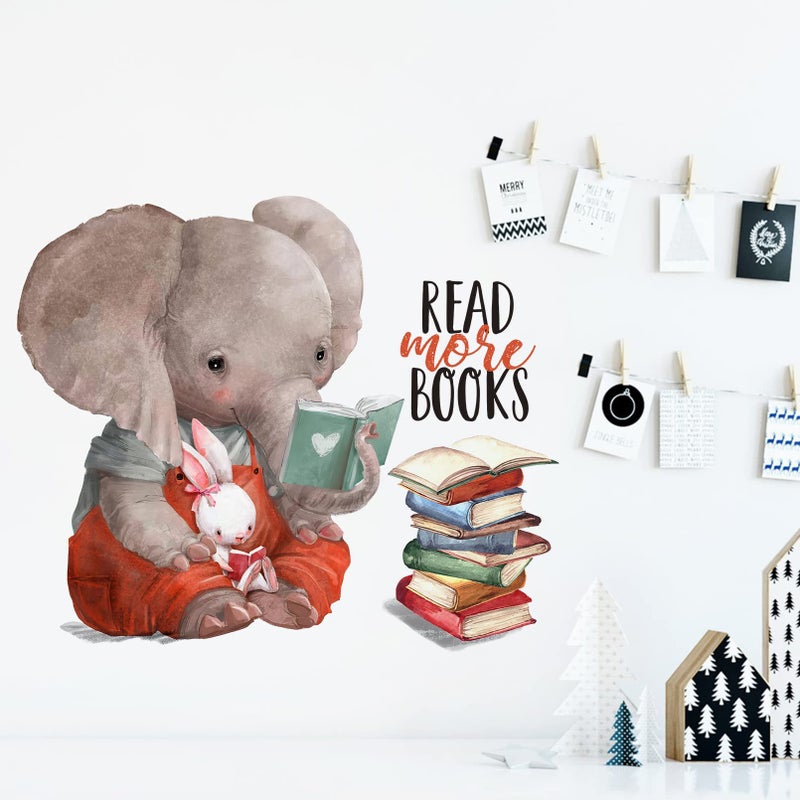 Mfault Inspirational Elephant Bunny Read More Books Wall Decals Stickers  Motivational Rabbit Animals Nursery Decorations Classroom Bedroom Art  Watercolor Neutral Toddler Kids Room Home Decor Gift - Image 4